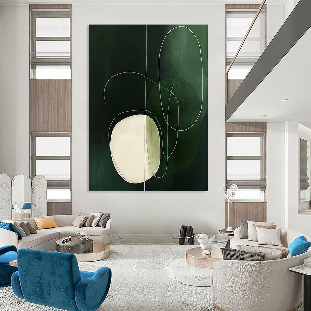Large abstract painting featuring simple white and green shapes, an oval with delicate outlines, creating a serene and elegant atmosphere.STSC131
