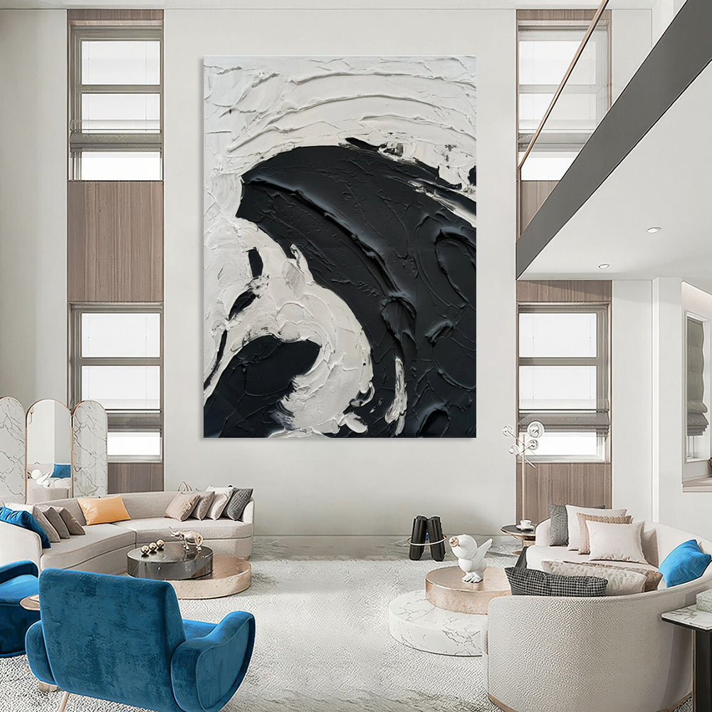 Black and White Bold Textured Swirl Abstract Painting ADGE389