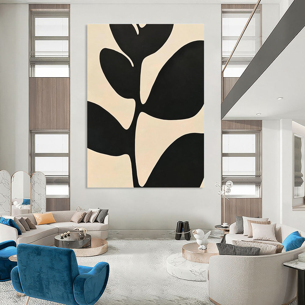 Large abstract painting featuring minimalist black and white leaves with high contrast against a simple background inspired by Matisse.STSC1080