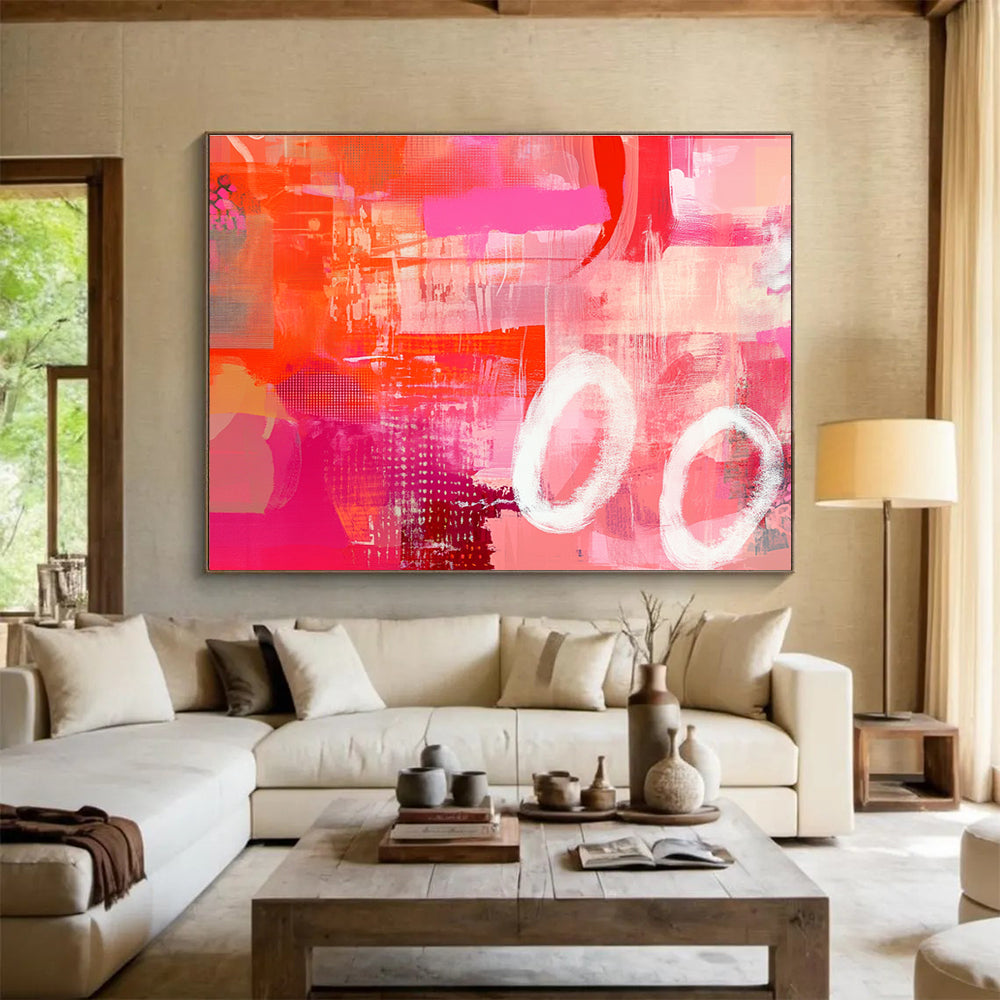 Pink and Orange Dominated Abstract Painting with White Circles DYP133