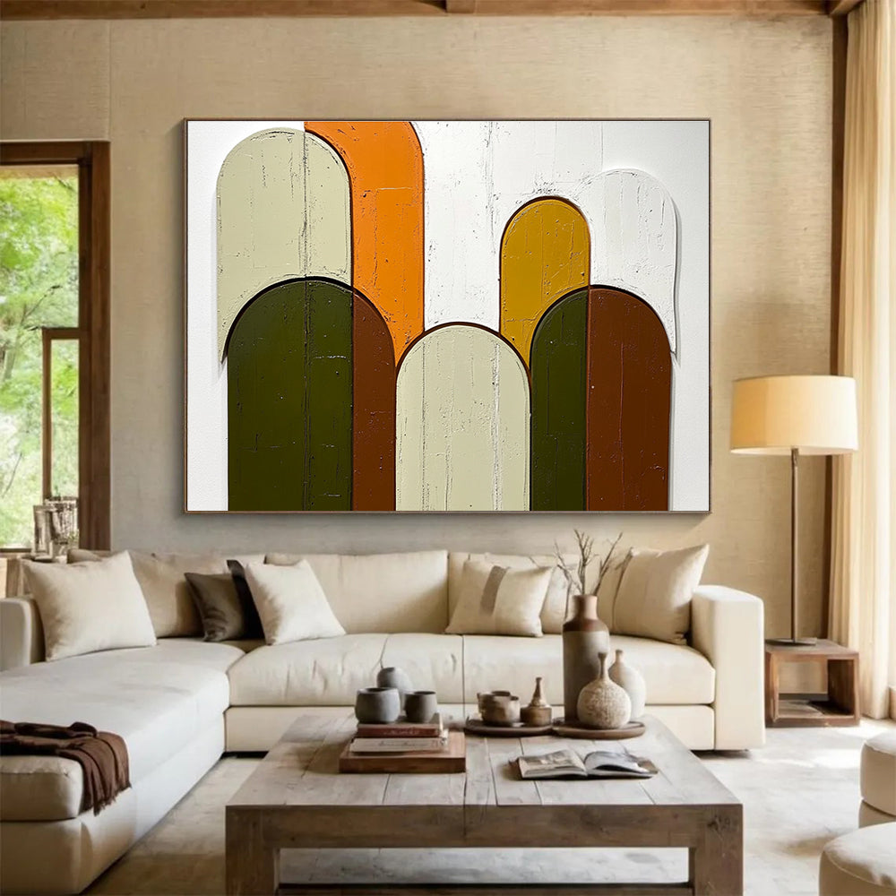 Colorful Arched Shapes Abstract Painting with Green Orange and Brown Tones DYP587