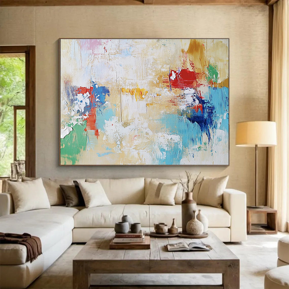 Large abstract painting in light colors depicting freedom with brushstrokes suggesting forms, evoking hope, joy, and endless possibilities.SC217