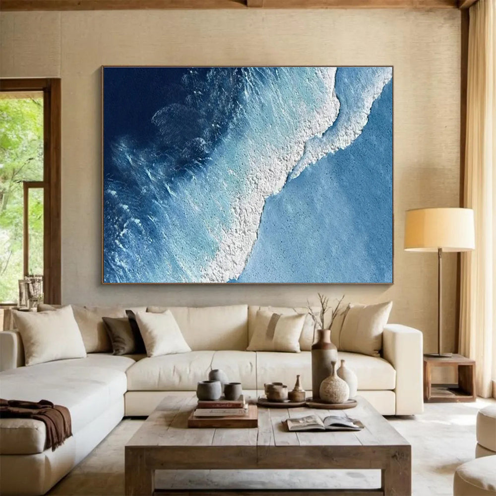Aerial Ocean Wave Abstract Painting with Deep Blue and White THY258