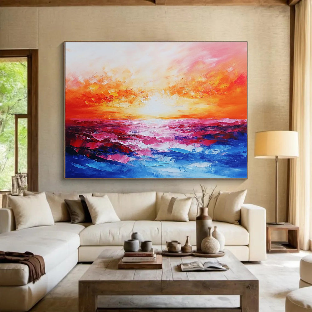 Abstract landscape painting capturing a vibrant sea at sunset with rich reds, oranges, pinks, and blues, expertly created using a palette knife technique.SC074