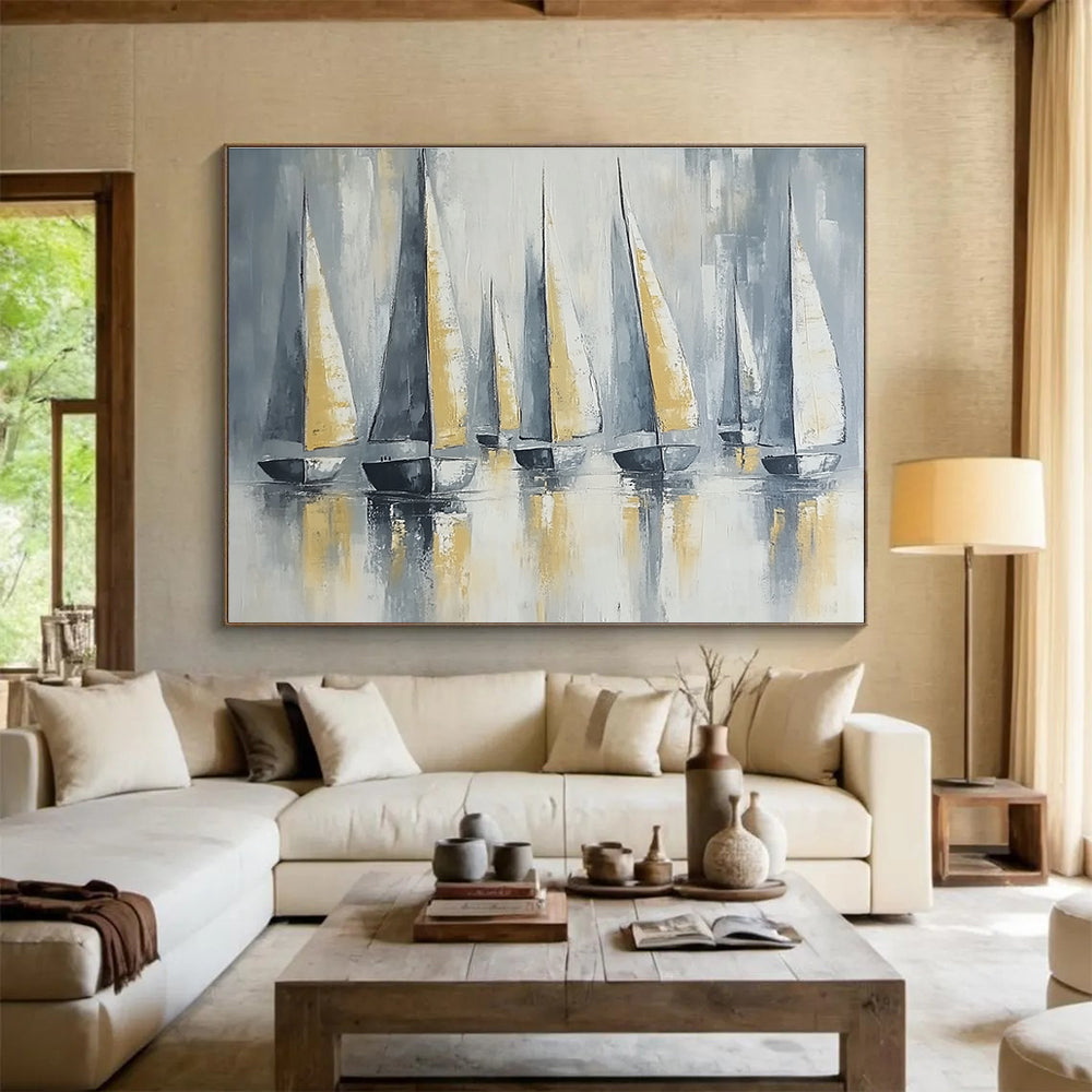 Large abstract painting featuring sailing boats with gray and gold sails on calm waters under soft lighting and a neutral background.SC610