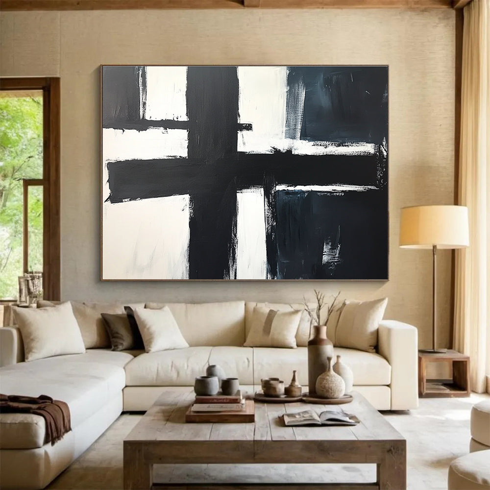 Large abstract painting in black and white featuring a central cross, inspired by John Blackwood, simple modern aesthetic with bold strokes.SC018