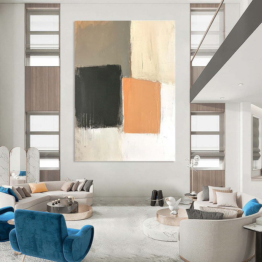 Abstract painting featuring an off-white wall with light orange and dark gray squares in a muted color palette and loose brushstrokes.STSC654