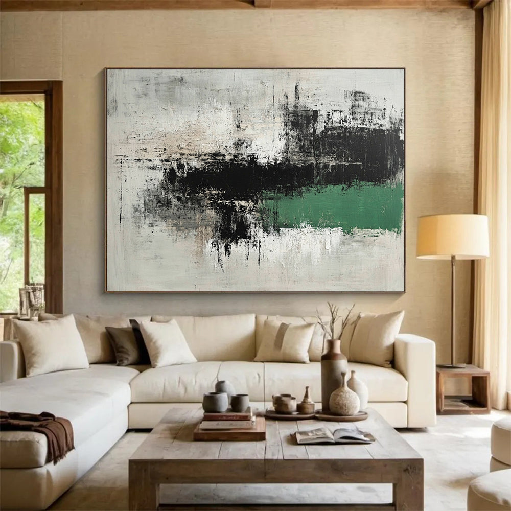 Large abstract painting in gray and green with thick brushstrokes minimalist landscape style and textured calm Zen atmosphere on dark background.SC220