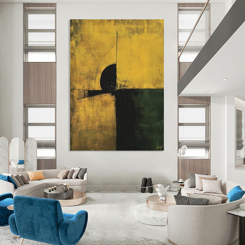 Large abstract painting in minimalist style featuring earthy yellow and green tones with black accents and simple line composition.STSC246