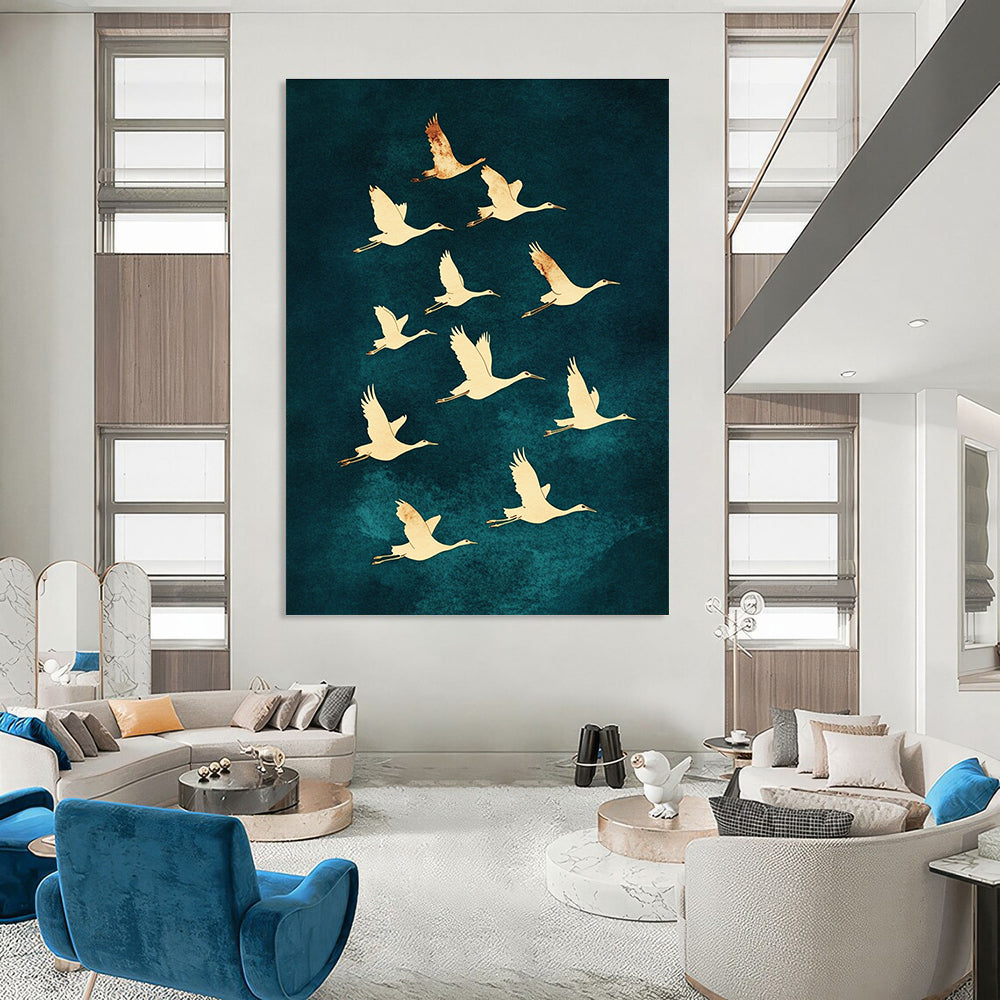 A large abstract painting of ten white cranes in graceful S-shaped flight against a dark blue watercolor background showcasing elegance and beauty.STSC1304