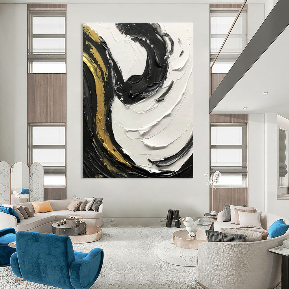 Gold - Accented Black and White Textured Swirl Abstract Painting ADGE381