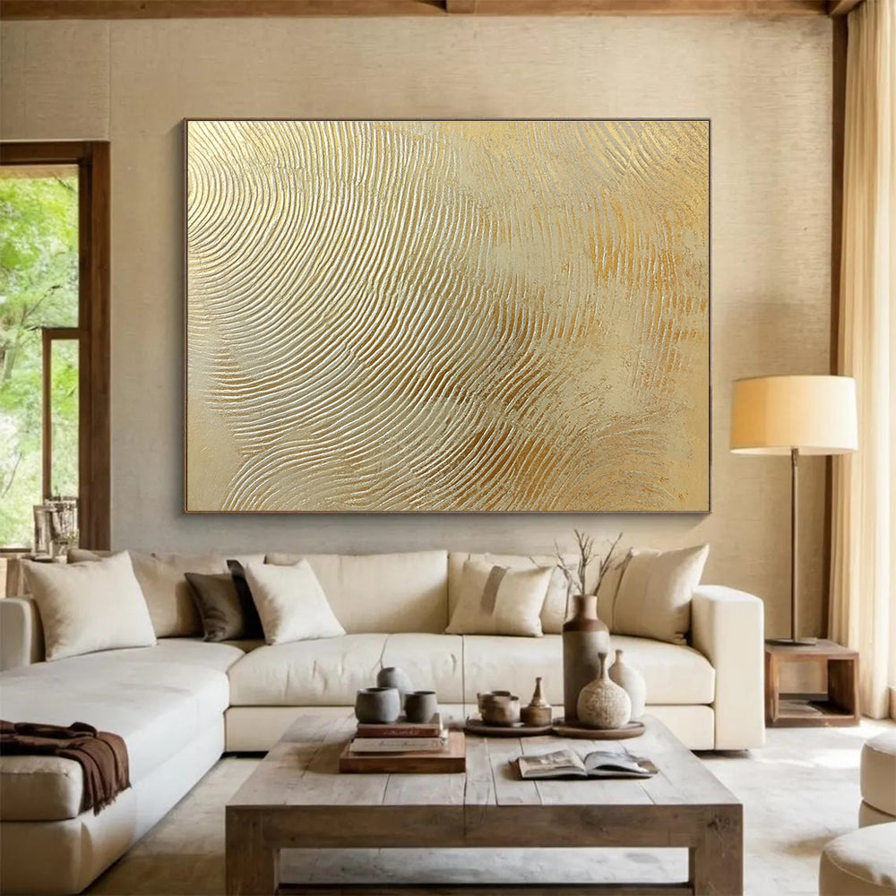 This large abstract painting features intricate wavy lines in gold and silver, creating a textured depth that enhances visual interest for design projects.SC559