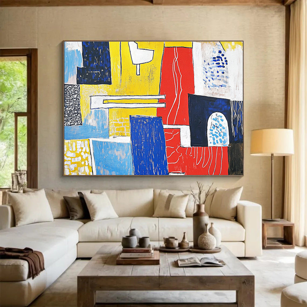 A large abstract painting featuring bold reds and yellows with white lines on blue shapes, capturing urban life and modernist aesthetics.SC516