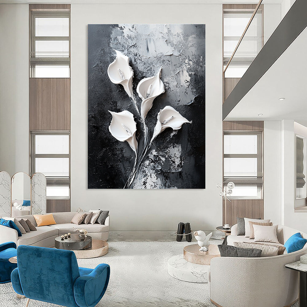 Abstract painting featuring white calla lilies on a black textured canvas with oil paint strokes in a modern minimalistic style.STSC509