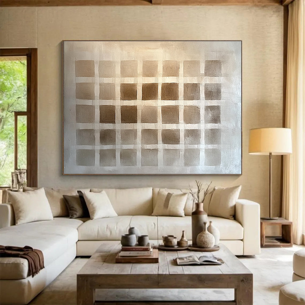 Large abstract painting featuring a symmetrical grid in brown shades, resembling woven fabric, with subtle shading for depth and texture.SC530