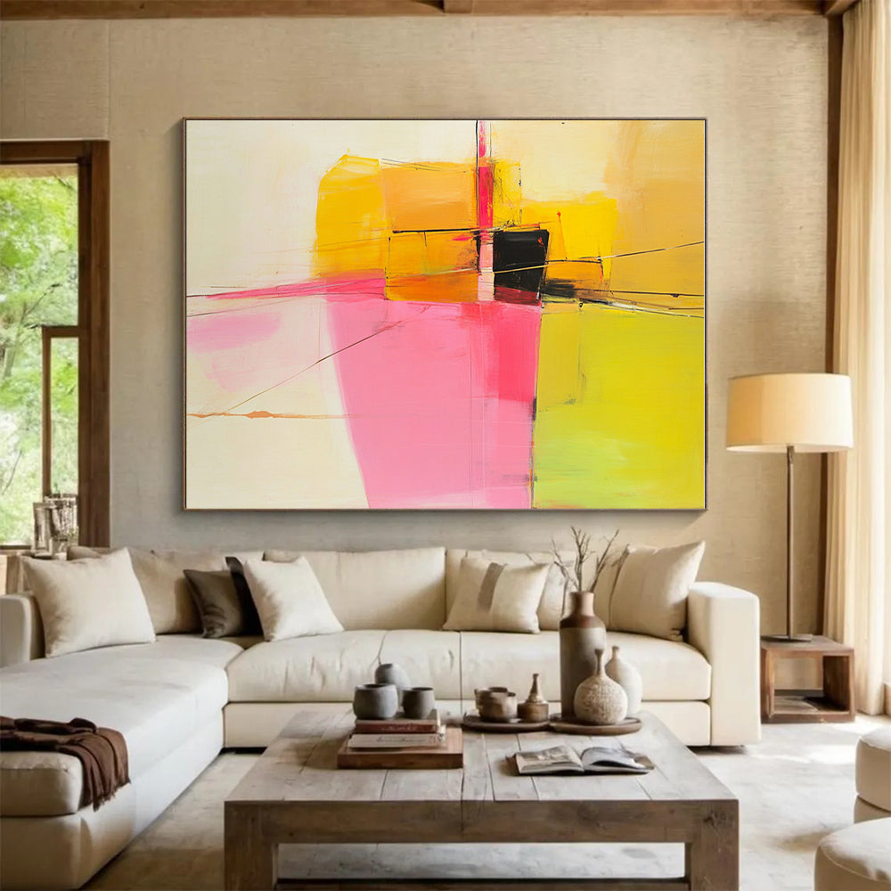Yellow Pink and Black Abstract Painting with Geometric Forms GER692