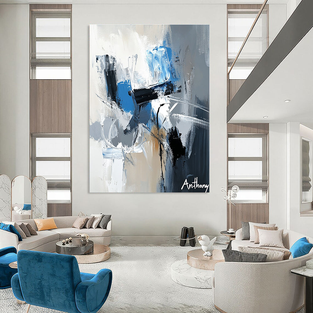 Large abstract painting featuring the name Anthony in white gray and blue tones with dynamic brush strokes and rich textures.STSC450