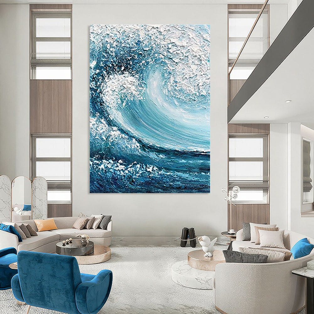 Blue and White Turbulent Wave Abstract Painting ADGE322