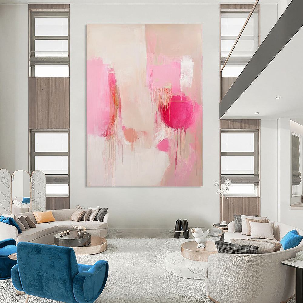Large abstract painting in soft pink and white tones with emotional expressionism and delicate details, featuring layered shapes and unique accents.STSC807