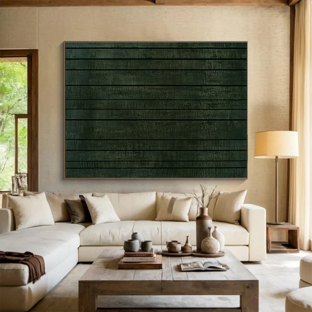Large abstract painting featuring a textured dark green wall with horizontal stripes, evoking ancient Chinese architectural elegance.SC458
