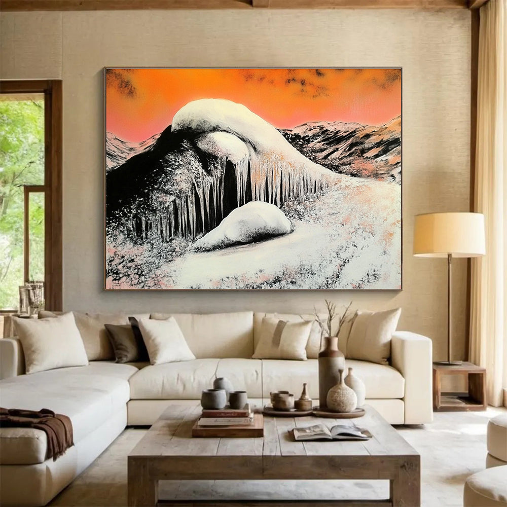 Orange Sky Snowy Mountain Abstract Painting with Icicles DYP160