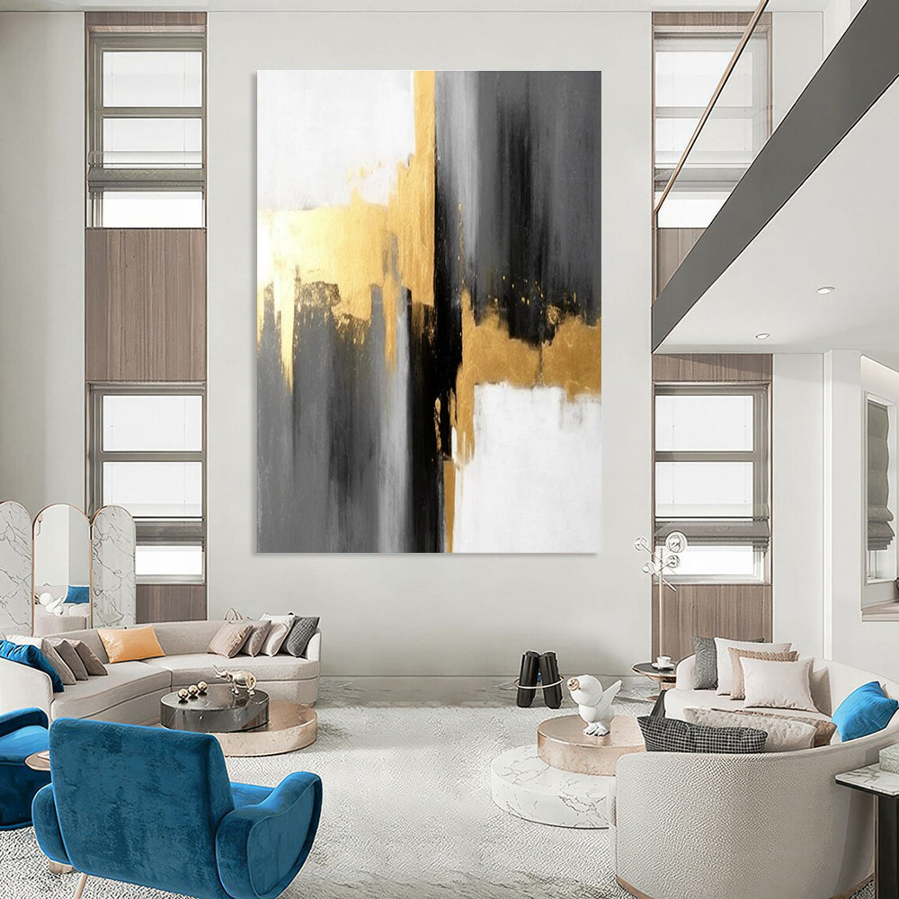 Gray Gold and White Abstract Painting with Sophisticated Layers ADGE076