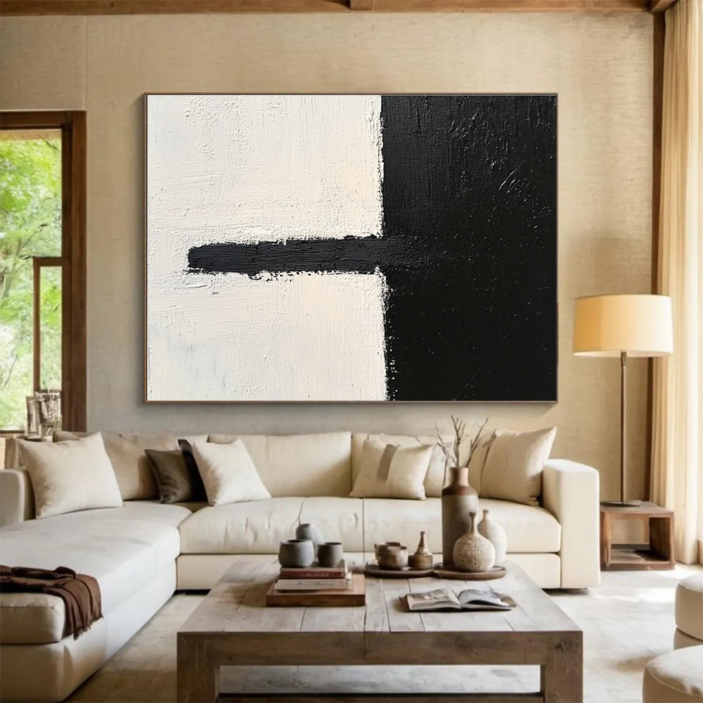 Black and White Geometric Abstract Painting with Textured Strokes DYP300