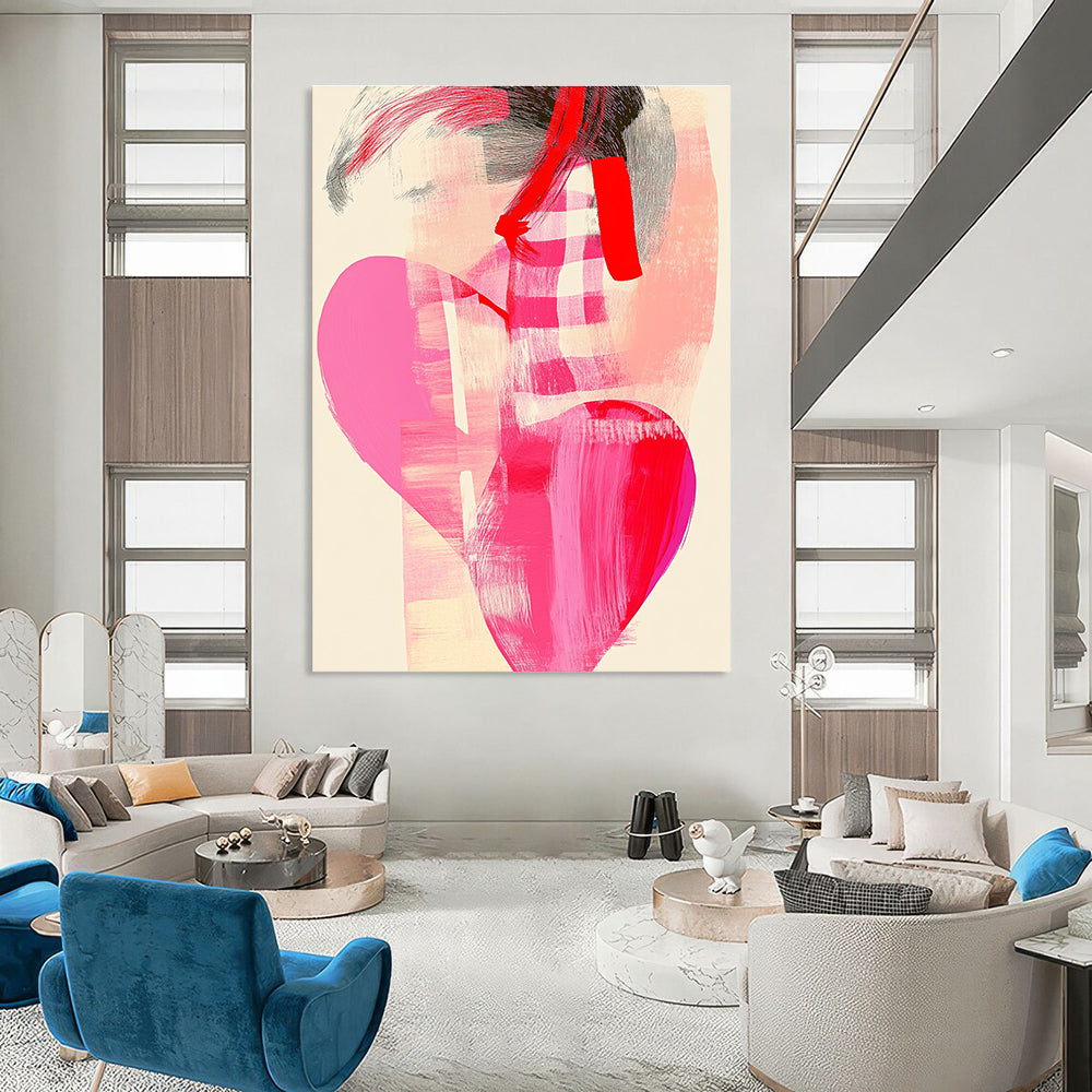 A large abstract painting featuring a pink heart and checkered pattern with organic chest shapes in soft pastels and red line art.STSC858
