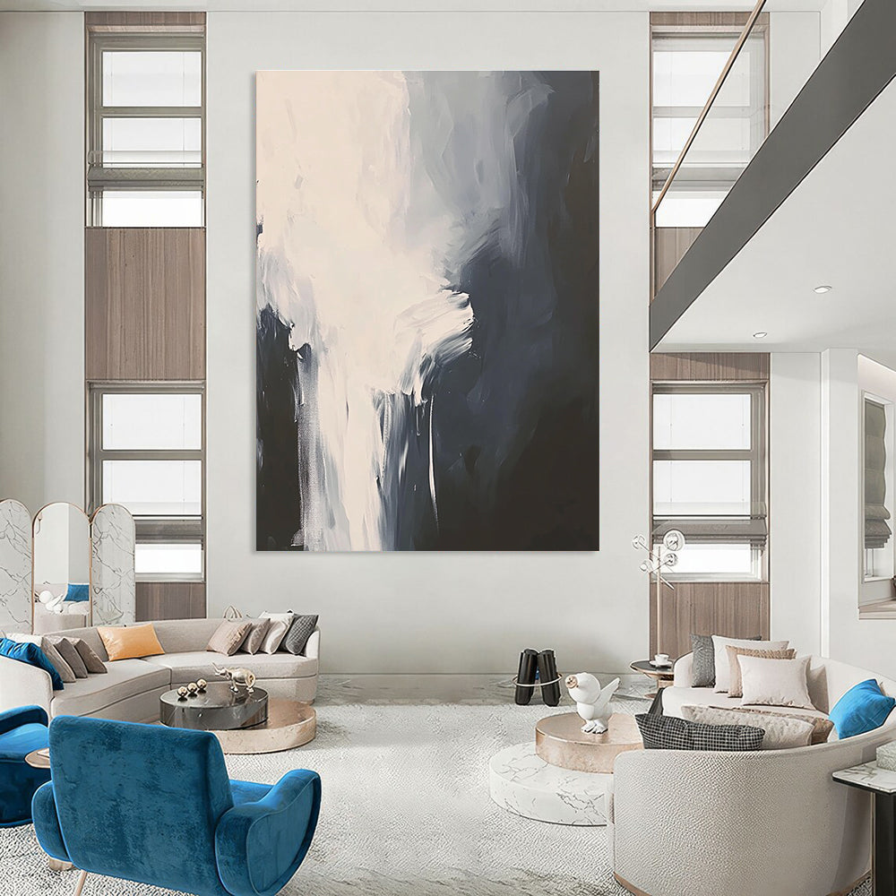 Large abstract painting in white and gray featuring atmospheric brushstrokes and a cloud pattern on a black background with a minimalist style.STSC236