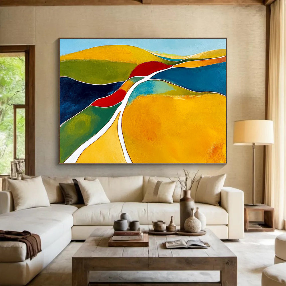 Large abstract painting featuring organic shapes in yellow and green with white lines contrasted against dark blue light red and clear sky blue.SC069