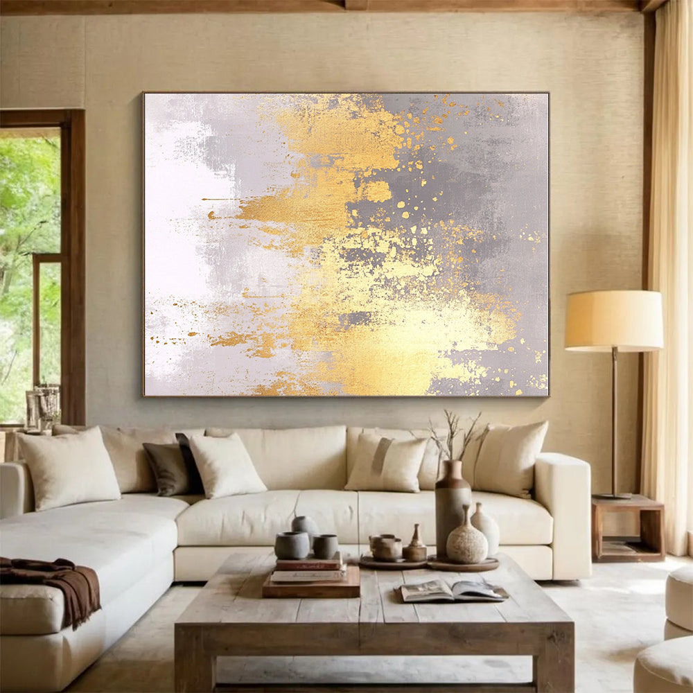 Gold and Gray Abstract Painting with Textured Splashes GER419