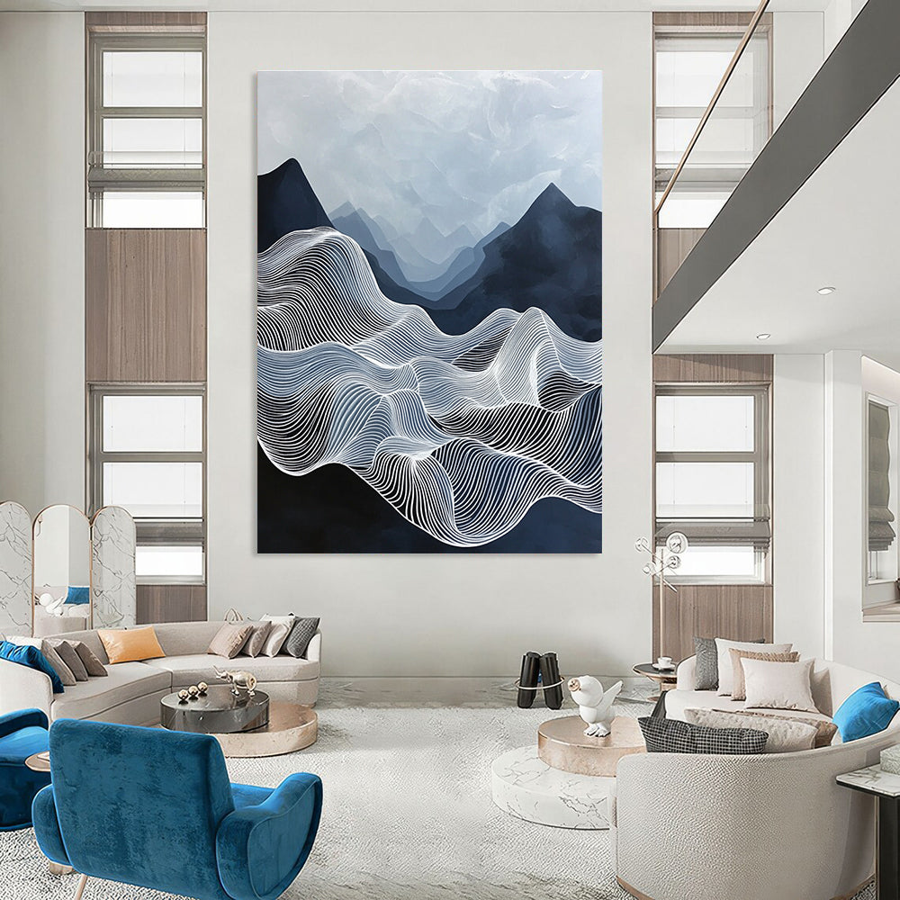 Large abstract painting of ethereal waves with flowing white lines against a deep blue sky featuring black mountains and mysterious organic forms.STSC1147