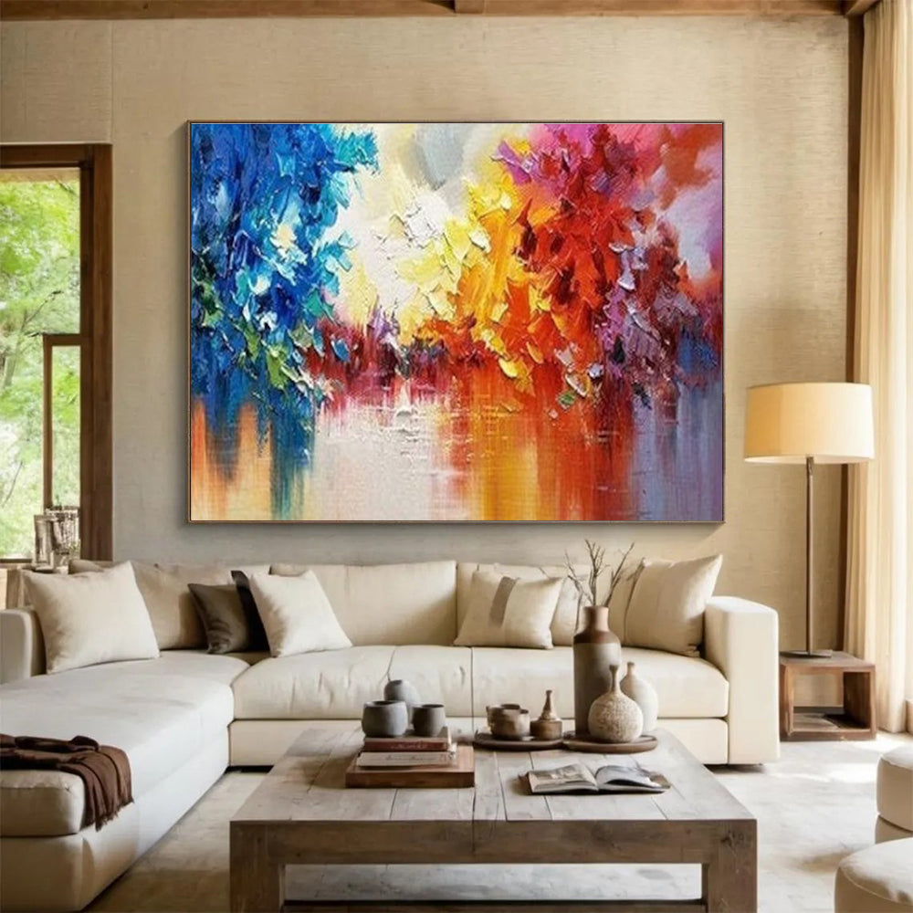 Colorful Tree Reflection Abstract Painting with Blue, Yellow, Red, and Purple Hues THY186