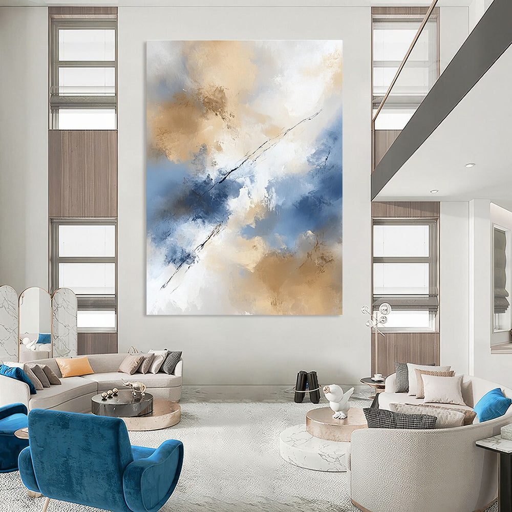 Large abstract painting in beige and blue tones features white clouds creating an ethereal ambiance with delicate brushstrokes and flowing lines.STSC409