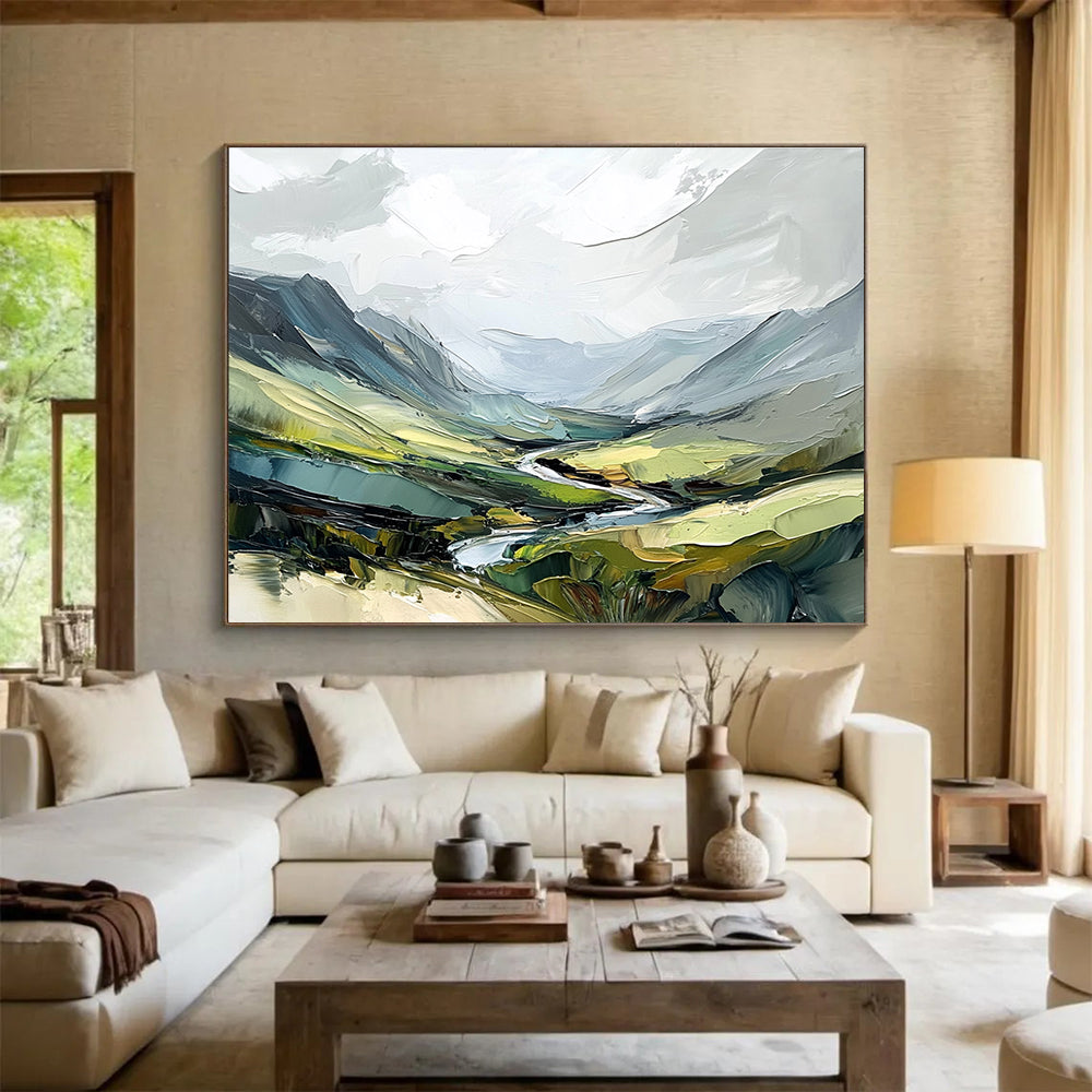 Impasto Mountain Valley Abstract Painting with Rich Greens DYP597