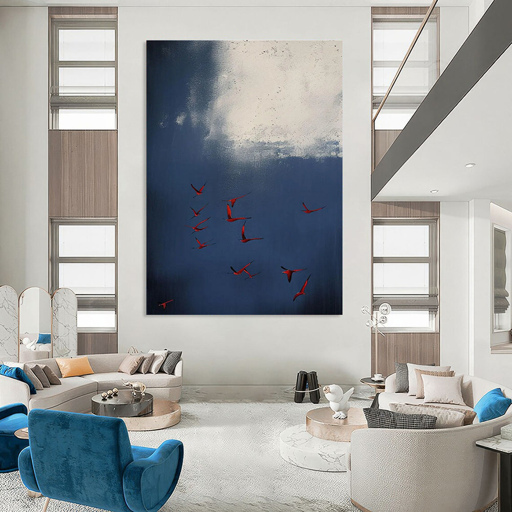 Red Birds in Blue Sky Abstract Painting with White Accents ADGE500