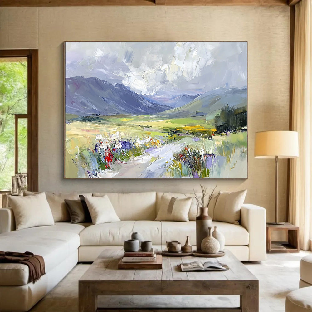 A large abstract painting capturing Scottish glens with soft clouds and vibrant colors offering an impressionistic, dynamic landscape experience.SC473