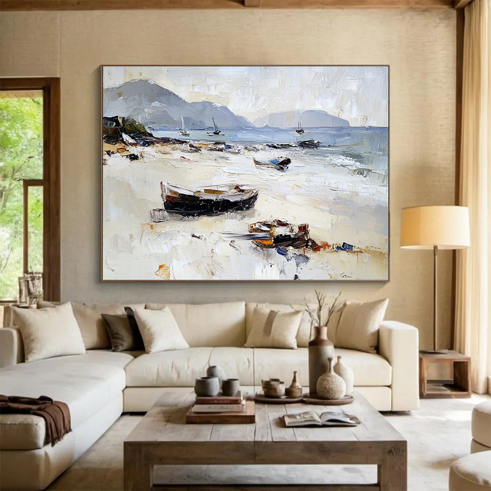 Beach with Boats Impasto Abstract Painting with Light and Neutral Tones DYP602