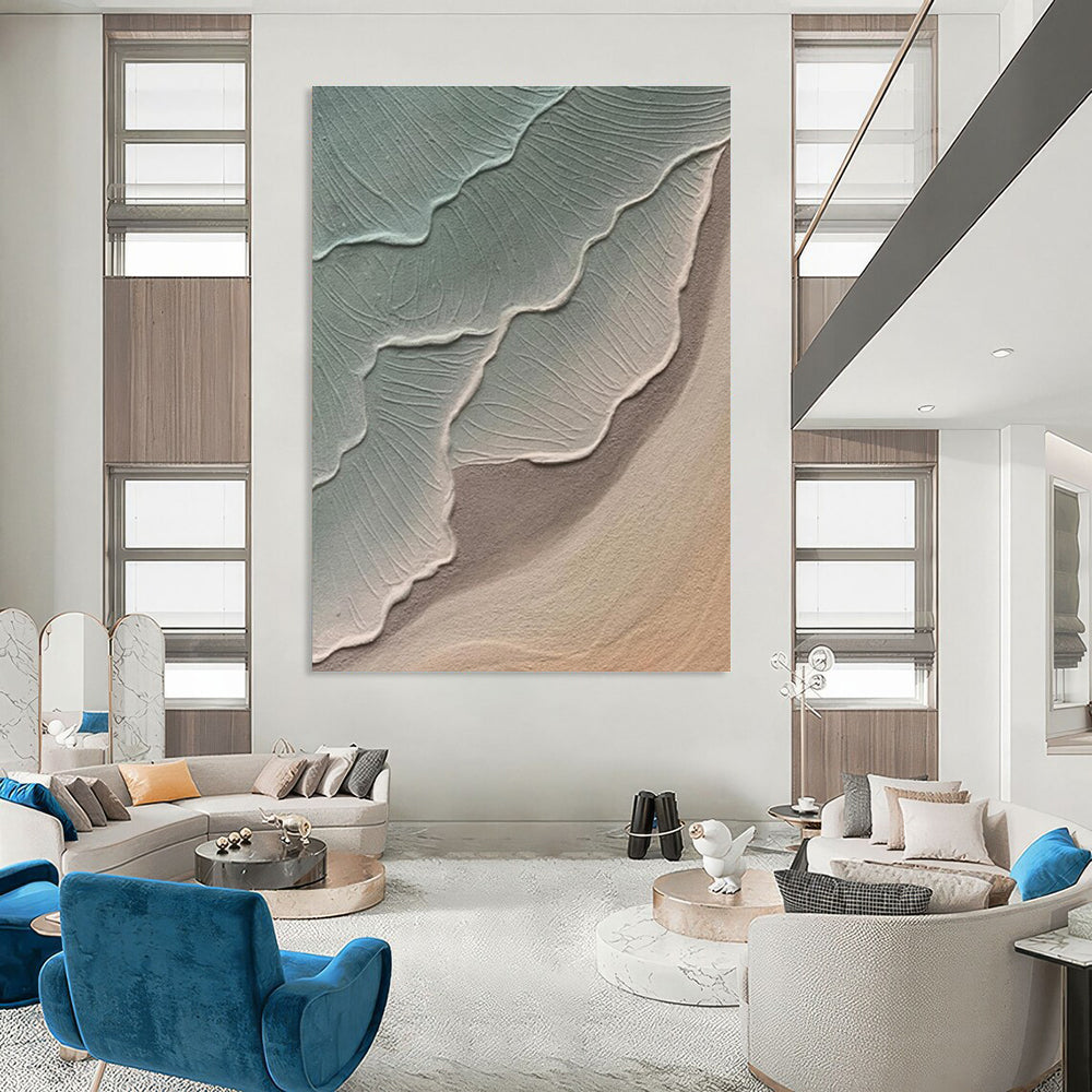 Green and Beige Textured Abstract Painting with Wave - like Forms ADGE519