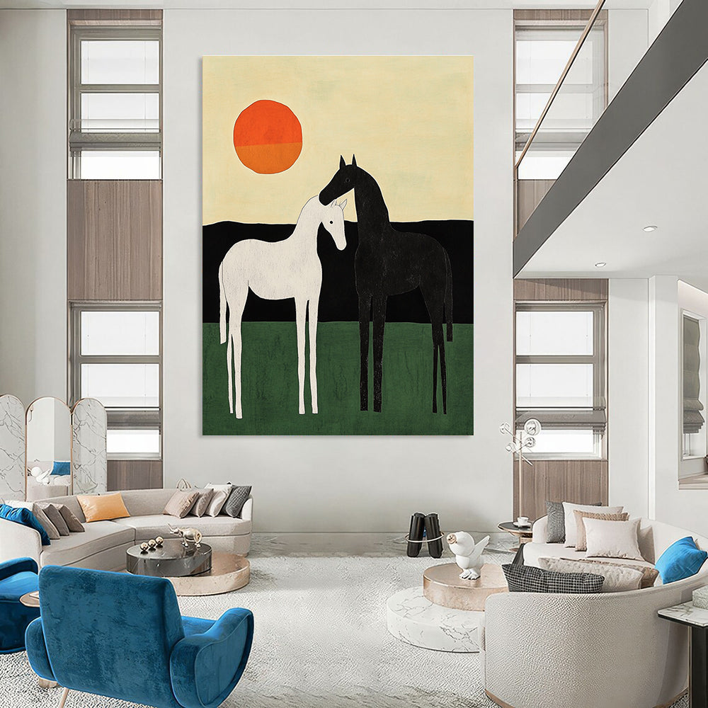An abstract painting featuring two minimalist horses in black and white against a green field and colorful sky with an orange sun.STSC1329