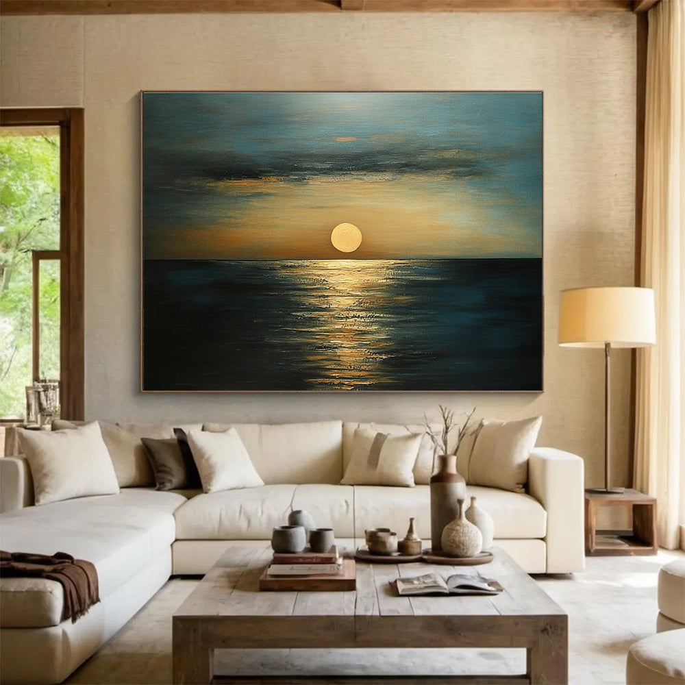 Golden Sunset Sea Abstract Painting with Orange and Blue Tones DYP571