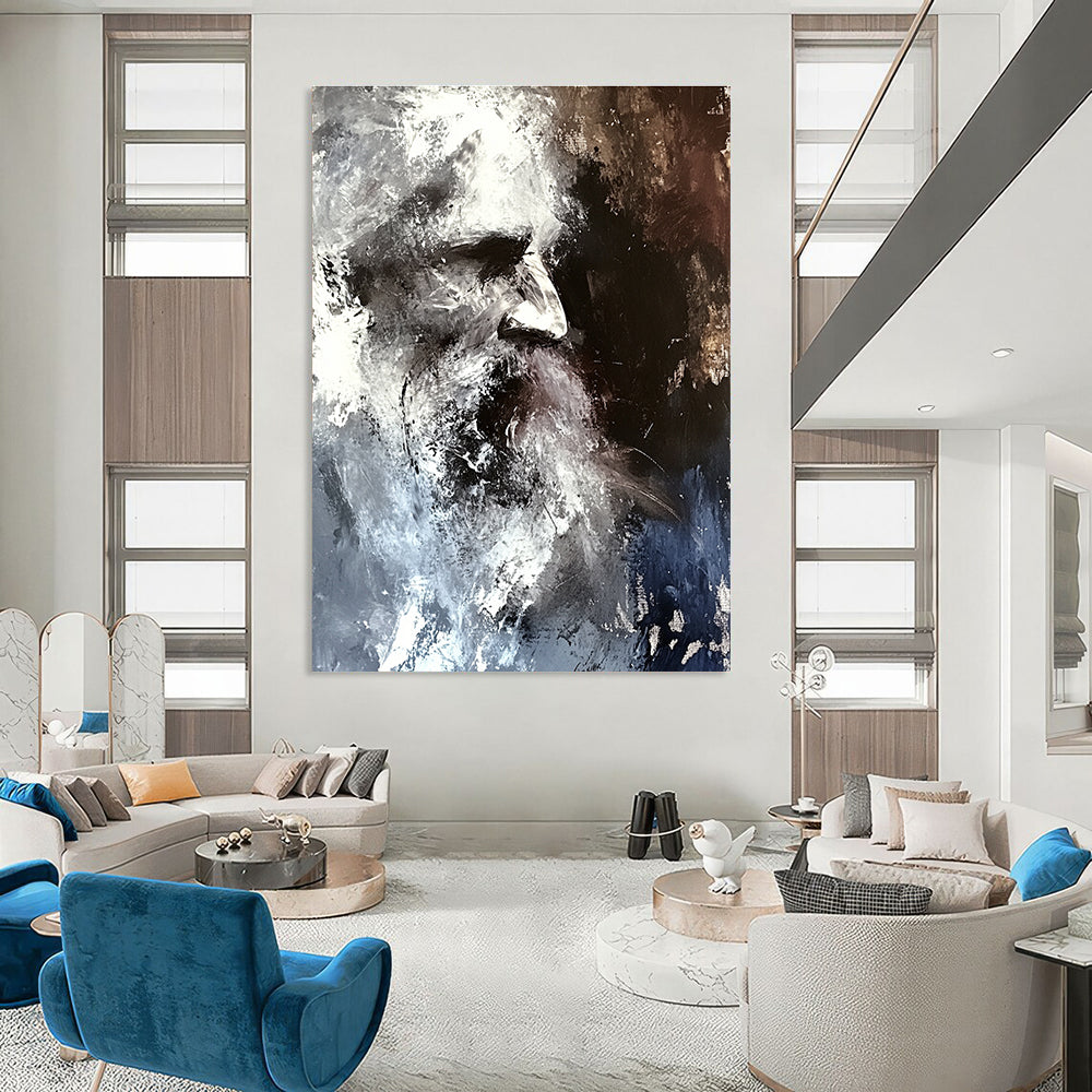 Large abstract painting in shades of grey and white featuring a blurred portrait of an old man with disheveled hair against a dark background.STSC229