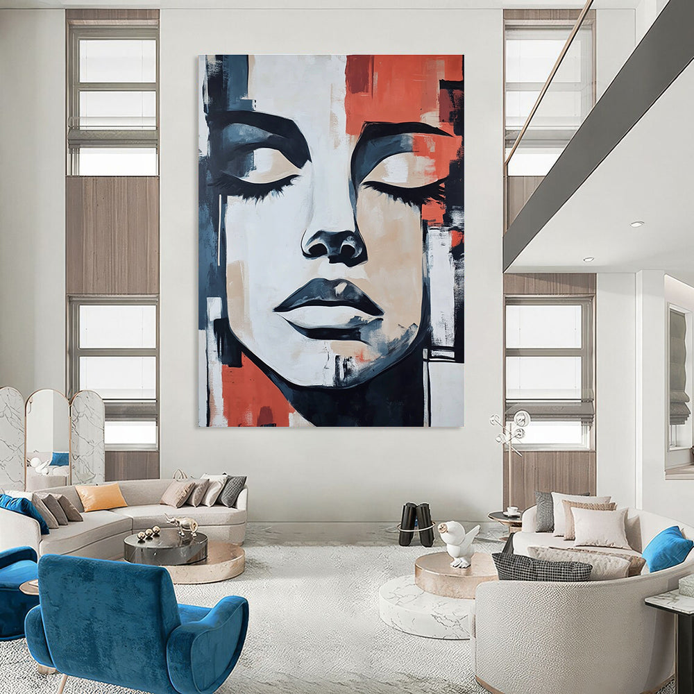 Large abstract painting featuring a masked face with closed eyes against urban shapes in gray beige black blue red and orange in oil on paper.STSC991