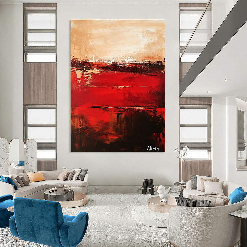 Large abstract painting of red and brown titled Alicia with deep burgundy and pale gold textures on a tranquil sunset-inspired backdrop.STSC690