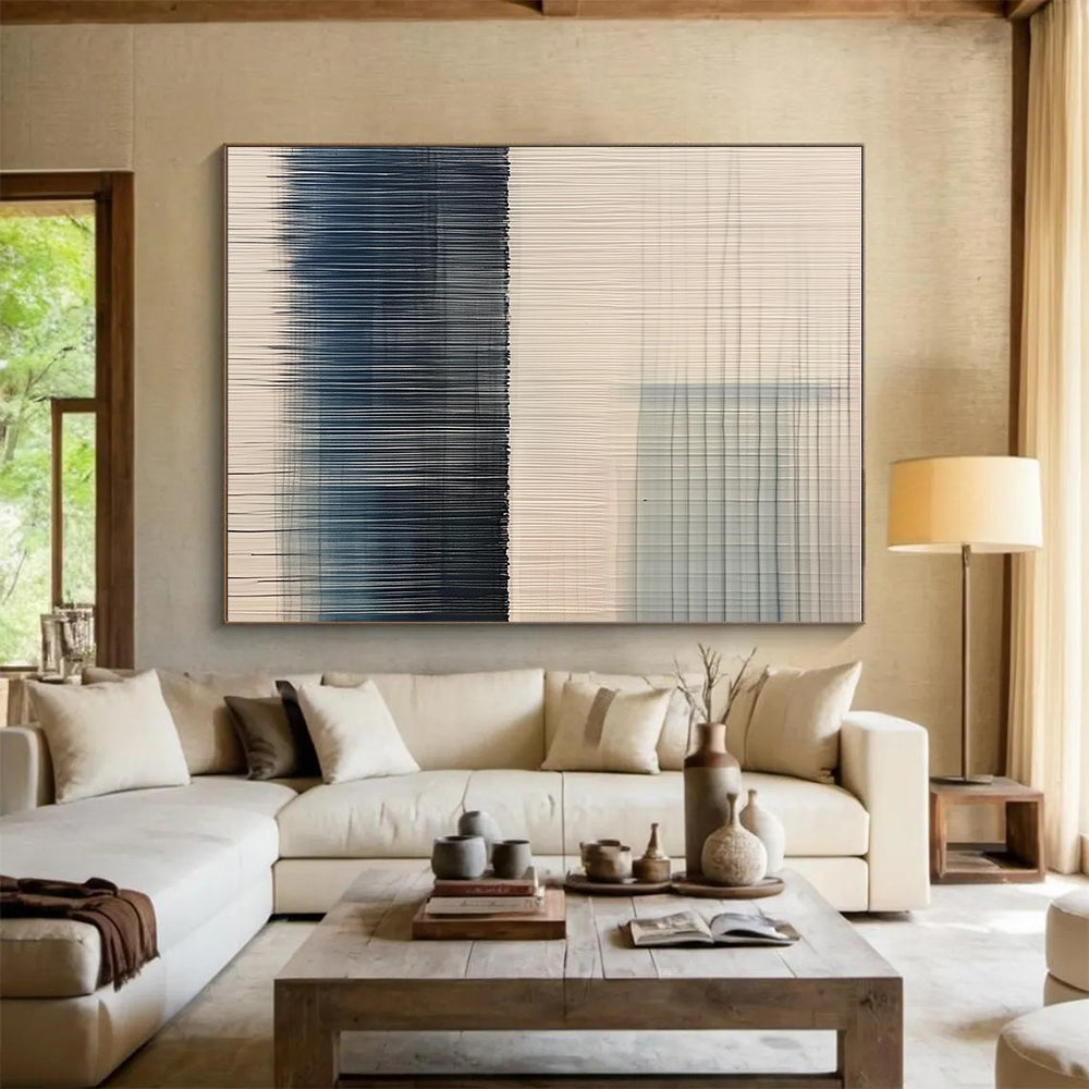 White and Blue Line Abstract Painting with Vertical Strokes GER073