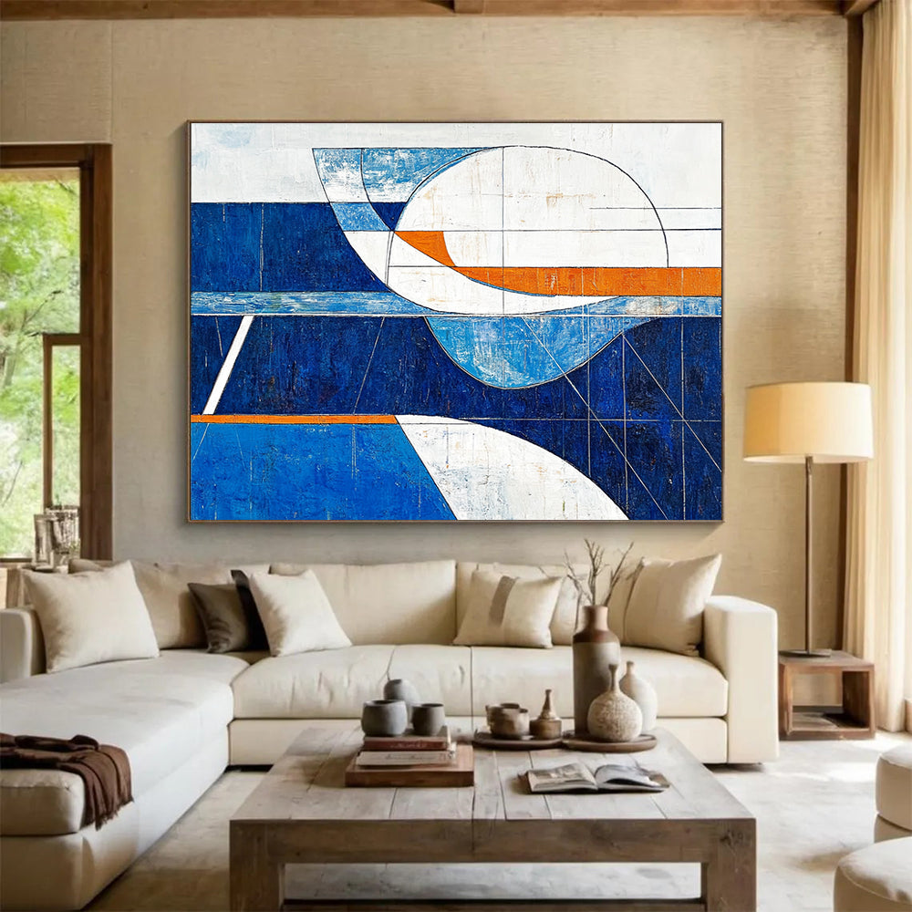 Geometric Blue Orange and White Abstract Painting with Clean Lines DYP190