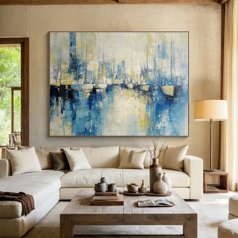 Abstract Harbor Scene Painting with Blue and Yellow Tones DYP513