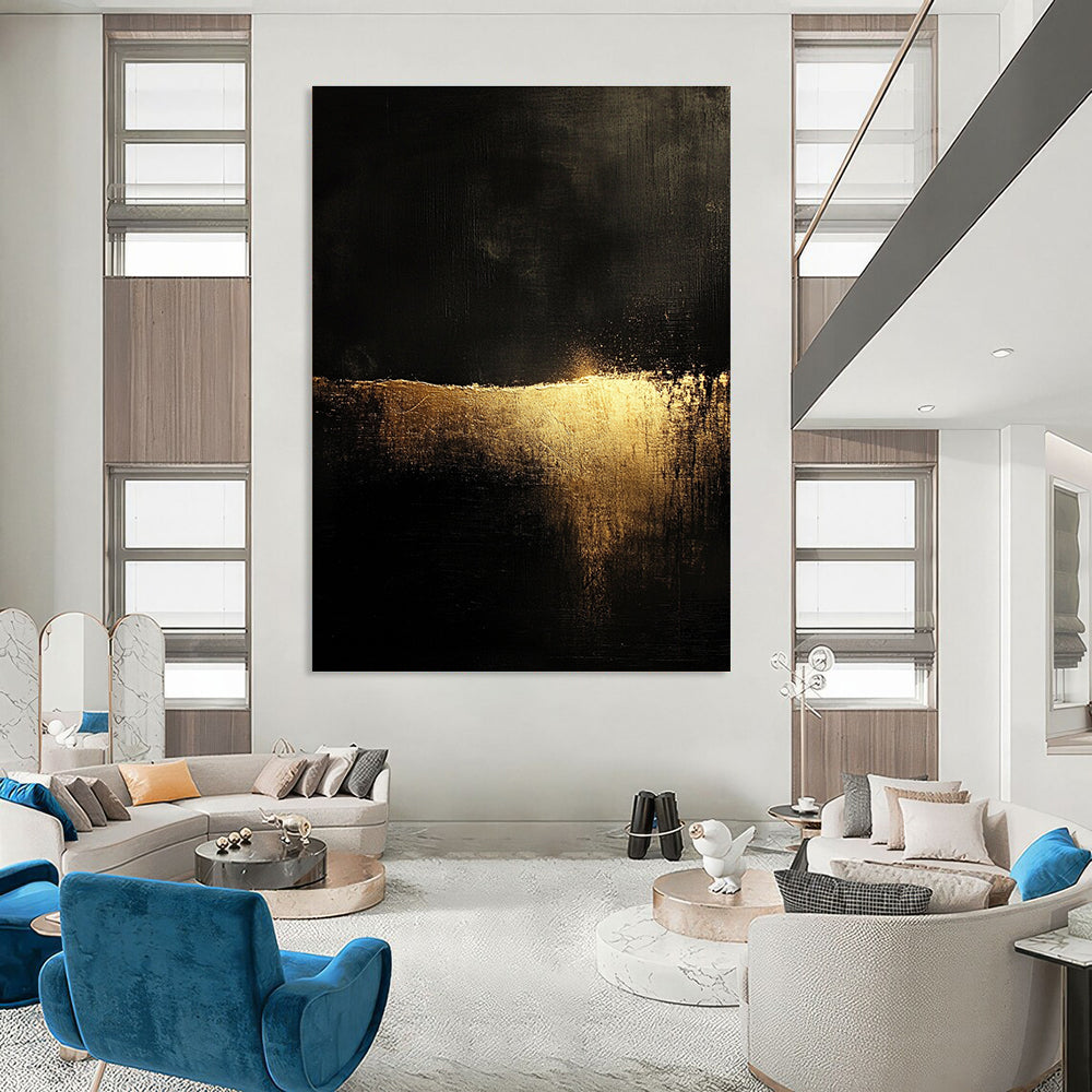 Abstract landscape featuring golden light on a dark textured ground in the style of John Harris with a minimalistic aesthetic.STSC075