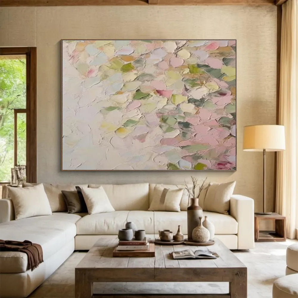Pastel Petal Abstract Painting with Pink, Green, and Yellow Tones THY177