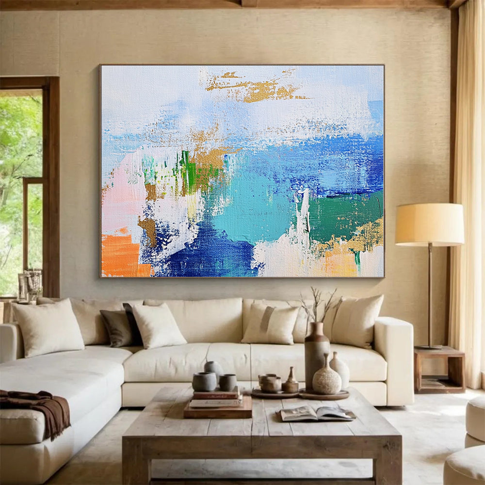 Blue Green and Gold Abstract Painting with Dynamic Brushstrokes GER616